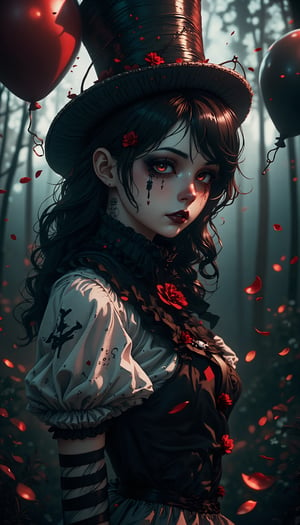 (masterpiece, high quality, 8K resolution). higly stylized and detailed close up anime portrait with mystic and horror embience. A hauntingly beautiful illustration unfolds:  A melancholic gothic clown girl wearing a striped black-and-white outfit, holding red and black balloons. Her long, wavy hair flows beneath a tilted top hat with matching black-and-white stripes. She has pale skin with dark makeup and a stitched smile painted across her face. A heart tattoo decorates her arm, adding a touch of fragile beauty. The background is a hazy, mist-filled forest with soft, glowing bokeh lights, creating an eerie yet enchanting atmosphere. Red petals drift in the air, enhancing the melancholic mood.