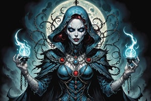 midshot, cel-shading style, centered image, ultra detailed illustration of the comic character ((female Spawn Victorian horror theme, a character of a spectral figure known as the "Haunted Harbinger", a ghostly apparition of a long-dead aristocrat, wears a tattered once-opulent suit adorned with decayed medals and frayed lace, translucent skin glows with an ethereal blue light,  eyes are empty sockets that emit a ghostly mist, chains hang from its wrists and ankles dragging along the ground with a haunting clatter, twisted face in eternal agony, carries a spectral lantern that casts an eerie flickering light by, Todd McFarlane)), posing,  with a skull emblem, ((holding a spear)), (((Full Body))),(((perfect hands))), (((accurate hands))), (((realistic hands))), (tetradic colors), inkpunk, ink lines, strong outlines, art by MSchiffer, bold traces, unframed, high contrast, cel-shaded, vector, 4k resolution, best quality, (chromatic aberration:1.8)