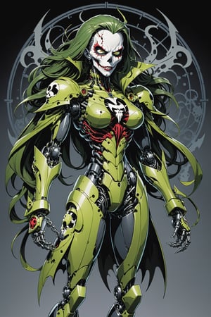 midshot, cel-shading style, centered image, ultra detailed illustration of the comic character ((Female Spawn  marge Mechanoid robot by Todd McFarlane)), posing, Olive Green gray and black suit with a skull emblem, ((Full Body)), ornate background, (tetradic colors), inkpunk, ink lines, strong outlines, art by MSchiffer, bold traces, unframed, high contrast, cel-shaded, vector, 4k resolution, best quality, (chromatic aberration:1.8)