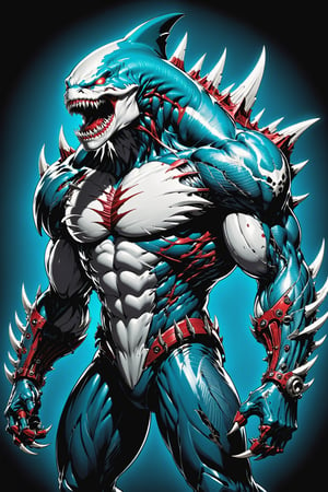 midshot, cel-shading style, centered image, ultra detailed illustration of the comic character ((Spawn , A cyborg Megalodon combines raw natural power with advanced technology. This fearsome creature features a blend of organic scales and sleek metallic components. His limbs are reinforced with steel plating and hydraulic joints, enhancing its strength and agility. Cybernetic eyes glow with a menacing light, capable of night vision and advanced targeting. The Megalodon claws are replaced with razor-sharp. This fusion of beast and machine creates a formidable predator, both in the wild and in combat scenarios.,exosuit, by Todd McFarlane)), posing, with a skull emblem,   (((Full Body))), accent color, gray,white, black and blue, (tetradic colors), inkpunk, ink lines, strong outlines, art by MSchiffer, bold traces, unframed, high contrast, cel-shaded, vector, 4k resolution, best quality, (chromatic aberration:1.8)