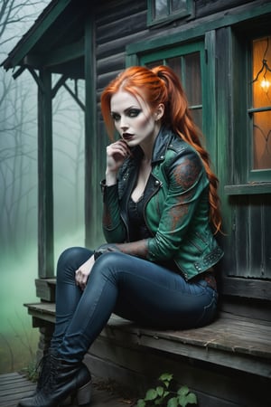 A hauntingly beautiful woman vampire ((sitting on the  on a porch of a old creepy cabin)), shrouded in thick Green-hued fog that morphs into an eerie aura. Her pale skin and Orange hair in a long, tall ponytail, contrast against the Blue jean pants, black leather jacket with filigree and Zentangle patterns, punctuated by dripping oil textures. Her closed hands cradle her curvy figure, emphasizing her very muscular physique, The dramatic lighting creates stark catchlights and shadows, highlighting her haunting beauty amidst a desolate cabin backdrop bathed in Green hues.