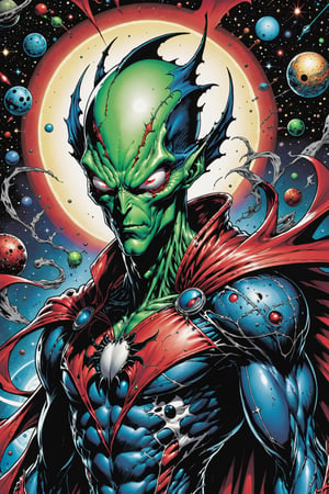 midshot, cel-shading style, centered image, ultra detailed illustration of the comic character ((male Spawn Space Alien, by Todd McFarlane)), posing, ((Half Body)), planets in the background, (tetradic colors), inkpunk, ink lines, strong outlines, art by MSchiffer, bold traces, unframed, high contrast, cel-shaded, vector, 4k resolution, best quality, (chromatic aberration:1.8)