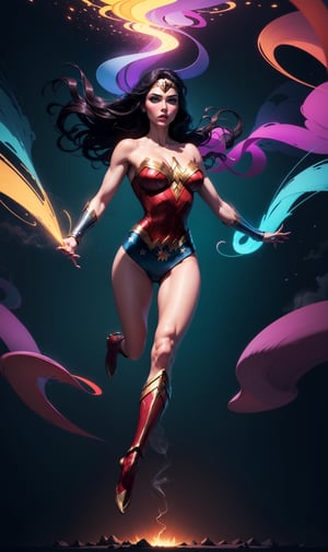 Wonder Woman (big tits),(( flying toward viewer,)),((full body)), masterpiece, best quality, ((abstract, psychedelic, neon, smoke , background)),(creative:1.3), sy3, SMM, fantasy00d