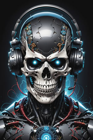 

A mesmerizing, ultra-detailed illustration  in a It's just three mens characters cyborg skull robot portrait inside a triangle, they mixing, like tekno tribe visual free party with speaker and sub bass around him, audio speaker sono Inside and Intricate cable and electronic device in vector illustration design, black and withe, no grey level, illustration with black background no gradient, logo style, for printing ready, in a powerful pose, High-key lighting illuminates the scene, showcasing the perfect anatomy, Strong outlines and bold traces define the cel-shaded, vector illustration, rendered in 4K resolution. The overall atmosphere is unsettling yet motivational, evoking the styles of Glenn Brown, Carne Griffiths, Alex Ross, Artgerm, James Jean Bangs, and Todd McFarlane.