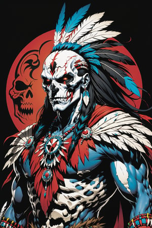 midshot, cel-shading style, centered image, ultra detailed illustration of the comic character ((male Spawn American Indian, by Todd McFarlane)), posing,  he has black  in traditional Indian attire with a skull emblem, ((Half Body)), (tetradic colors), inkpunk, ink lines, strong outlines, art by MSchiffer, bold traces, unframed, high contrast, cel-shaded, vector, 4k resolution, best quality, (chromatic aberration:1.8)