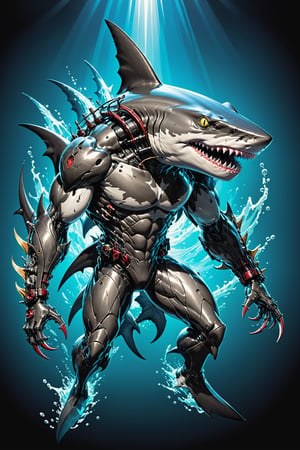 midshot, cel-shading style, centered image, ultra detailed illustration of the comic character ((Spawn , A cyborg (((Hammerhead shark))) combines raw natural power with advanced technology. This fearsome creature features a blend of organic scales and sleek metallic components. His limbs are reinforced with steel plating and hydraulic joints, enhancing its strength and agility. Cybernetic eyes glow with a menacing light, capable of night vision and advanced targeting. (((The Hammerhead  shark))) claws are replaced with razor-sharp. This fusion of beast and machine creates a formidable predator, both in the wild and in combat scenarios.,exosuit, by Todd McFarlane)), posing, with a skull emblem,   (((Full Body))), accent color, gray,white, black and blue, (tetradic colors), inkpunk, ink lines, strong outlines, art by MSchiffer, bold traces, unframed, high contrast, cel-shaded, vector, 4k resolution, best quality, (chromatic aberration:1.8)