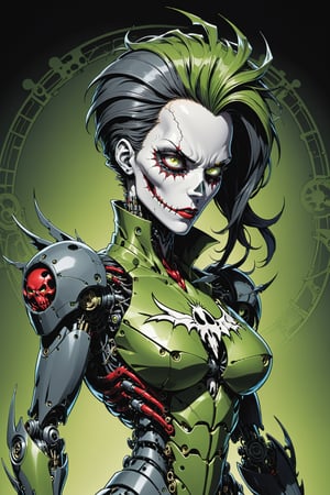 midshot, cel-shading style, centered image, ultra detailed illustration of the comic character ((Female Spawn  marge Mechanoid robot by Todd McFarlane)), posing, Olive Green gray and black suit with a skull emblem, ((view from Behind she’s looking over her shoulder)), ((Full Body)), ((view from behind)), ornate background, perfect hands, (tetradic colors), inkpunk, ink lines, strong outlines, art by MSchiffer, bold traces, unframed, high contrast, cel-shaded, vector, 4k resolution, best quality, (chromatic aberration:1.8)