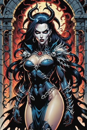 midshot, cel-shading style, centered image, ultra detailed illustration of the comic character ((female Spawn Queen of the Damned by Todd McFarlane)), posing, Black, dress with a skull emblem, ((half Body)), ((the gates of hell in the background)), (tetradic colors), inkpunk, ink lines, strong outlines, art by MSchiffer, bold traces, unframed, high contrast, cel-shaded, vector, 4k resolution, best quality, (chromatic aberration:1.8)