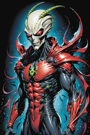 midshot, cel-shading style, centered image, ultra detailed illustration of the comic character ((male Spawn Space Alien, by Todd McFarlane)), posing, in creepy alien space suit, ((Half Body)), (tetradic colors), inkpunk, ink lines, strong outlines, art by MSchiffer, bold traces, unframed, high contrast, cel-shaded, vector, 4k resolution, best quality, (chromatic aberration:1.8)