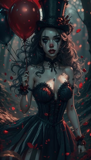 (masterpiece, high quality, 8K resolution). higly stylized and detailed close up anime portrait with mystic and horror embience. A hauntingly beautiful illustration unfolds:  A melancholic gothic clown girl wearing a striped black-and-white outfit, holding red and black balloons. Her long, wavy hair flows beneath a tilted top hat with matching black-and-white stripes. She has pale skin with dark makeup and a stitched smile painted across her face. A heart tattoo decorates her arm, adding a touch of fragile beauty. The background is a hazy, mist-filled forest with soft, glowing bokeh lights, creating an eerie yet enchanting atmosphere. Red petals drift in the air, enhancing the melancholic mood.