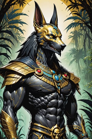 midshot, cel-shading style, centered image, ultra detailed illustration of the comic character ((Spawn     Egyptian Anubis by Todd McFarlane)), posing, gold rust, and black suit with a skull emblem, ((creepy jungle at night in the background)), ((Half Body)), perfect hands, ornate background, perfect hands, (tetradic colors), inkpunk, ink lines, strong outlines, art by MSchiffer, bold traces, unframed, high contrast, cel-shaded, vector, 4k resolution, best quality, (chromatic aberration:1.8)