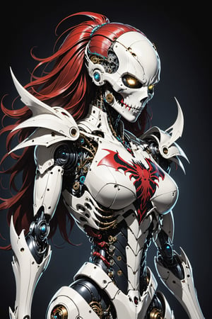 midshot, cel-shading style, centered image, ultra detailed illustration of the comic character ((Female Spawn  large Mechanoid robot by Todd McFarlane)), posing, bronze, white, and black suit with a skull emblem, (((view from behind he is looking over her shoulder))), ((Full Body)), ornate background, (tetradic colors), inkpunk, ink lines, strong outlines, art by MSchiffer, bold traces, unframed, high contrast, cel-shaded, vector, 4k resolution, best quality, (chromatic aberration:1.8)
