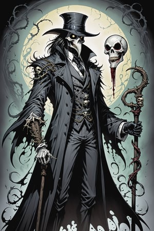 midshot, cel-shading style, centered image, ultra detailed illustration of the comic character ((Spawn  Plague Doctor by Todd McFarlane)), posing, long black long hair, gray and black suit with a skull emblem, ((holding a cane with a skull on it)), ((Half Body)), ornate background, (tetradic colors), inkpunk, ink lines, strong outlines, art by MSchiffer, bold traces, unframed, high contrast, cel-shaded, vector, 4k resolution, best quality, (chromatic aberration:1.8)