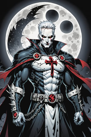 midshot, cel-shading style, centered image, ultra detailed illustration of the comic character ((male Spawn Warrior Catholic priest, by Todd McFarlane)), posing, white  hair,  ((cross around his neck)), charcoal and black white suit with cross emblem, gun belts draped over his shoulders, ((Full Body)), ((perfect hands)), the moon in the background, (tetradic colors), inkpunk, ink lines, strong outlines, art by MSchiffer, bold traces, unframed, high contrast, cel-shaded, vector, 4k resolution, best quality, (chromatic aberration:1.8)