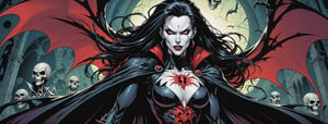 midshot, cel-shading style, centered image, ultra detailed illustration of the comic character ((female Spawn Dracula, by Todd McFarlane)), posing, she has long black hair, black suit with a skull emblem, long flowing cape, ((Half Body)), (tetradic colors), inkpunk, ink lines, strong outlines, art by MSchiffer, bold traces, unframed, high contrast, cel-shaded, vector, 4k resolution, best quality, (chromatic aberration:1.8)