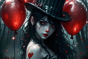 (masterpiece, high quality, 8K resolution). higly stylized and detailed close up anime portrait with mystic and horror embience. A hauntingly beautiful illustration unfolds:  A melancholic gothic clown girl wearing a striped black-and-white outfit, holding red and black balloons. Her long, wavy hair flows beneath a tilted top hat with matching black-and-white stripes. She has pale skin with dark makeup and a stitched smile painted across her face. A heart tattoo decorates her arm, adding a touch of fragile beauty. The background is a hazy, mist-filled forest with soft, glowing bokeh lights, creating an eerie yet enchanting atmosphere. Red petals drift in the air, enhancing the melancholic mood.