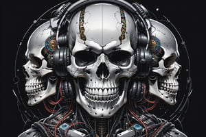 

A mesmerizing, ultra-detailed illustration  in a It's just three skulls characters cyborg skull robot portrait inside a triangle, they mixing, like tekno tribe visual free party with speaker and sub bass around him, audio speaker sono Inside and Intricate cable and electronic device in vector illustration design, black and withe, no grey level, illustration with black background no gradient, logo style, for printing ready, in a powerful pose, High-key lighting illuminates the scene, showcasing the perfect anatomy, Strong outlines and bold traces define the cel-shaded, vector illustration, rendered in 4K resolution. The overall atmosphere is unsettling yet motivational, evoking the styles of Glenn Brown, Carne Griffiths, Alex Ross, Artgerm, James Jean Bangs, and Todd McFarlane.