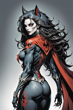 midshot, cel-shading style, centered image, ultra detailed illustration of the comic character ((female Spawn Wolf lady, by Todd McFarlane)), posing, long black long hair, Gray rust, and black suit with a skull emblem, rust flowing cape, ((view from Behind she’s looking over her shoulder)),  ((she has a wolf snout)), ((Full Body)), ((view from behind)), ((perfect hands)), (tetradic colors), inkpunk, ink lines, strong outlines, art by MSchiffer, bold traces, unframed, high contrast, cel-shaded, vector, 4k resolution, best quality, (chromatic aberration:1.8)