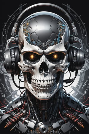 

A mesmerizing, ultra-detailed illustration  in a It's just three mens characters cyborg skull robot portrait inside a triangle, they mixing, like tekno tribe visual free party with speaker and sub bass around him, audio speaker sono Inside and Intricate cable and electronic device in vector illustration design, black and withe, no grey level, illustration with black background no gradient, logo style, for printing ready, in a powerful pose, High-key lighting illuminates the scene, showcasing the perfect anatomy, Strong outlines and bold traces define the cel-shaded, vector illustration, rendered in 4K resolution. The overall atmosphere is unsettling yet motivational, evoking the styles of Glenn Brown, Carne Griffiths, Alex Ross, Artgerm, James Jean Bangs, and Todd McFarlane.