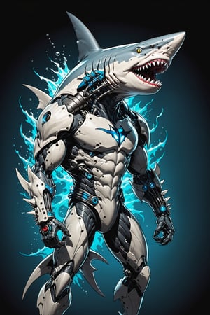 midshot, cel-shading style, centered image, ultra detailed illustration of the comic character ((Spawn , A cyborg (((Hammerhead shark))) combines raw natural power with advanced technology. This fearsome creature features a blend of organic scales and sleek metallic components. His limbs are reinforced with steel plating and hydraulic joints, enhancing its strength and agility. Cybernetic eyes glow with a menacing light, capable of night vision and advanced targeting. (((The Hammerhead  shark))) claws are replaced with razor-sharp. This fusion of beast and machine creates a formidable predator, both in the wild and in combat scenarios.,exosuit, by Todd McFarlane)), posing, with a skull emblem,   (((Full Body))), accent color, gray,white, black and blue, (tetradic colors), inkpunk, ink lines, strong outlines, art by MSchiffer, bold traces, unframed, high contrast, cel-shaded, vector, 4k resolution, best quality, (chromatic aberration:1.8)