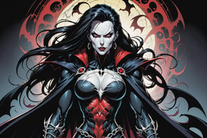 midshot, cel-shading style, centered image, ultra detailed illustration of the comic character ((female Spawn Dracula, by Todd McFarlane)), posing, she has long black hair, black suit with a skull emblem, long flowing cape, ((Half Body)), (tetradic colors), inkpunk, ink lines, strong outlines, art by MSchiffer, bold traces, unframed, high contrast, cel-shaded, vector, 4k resolution, best quality, (chromatic aberration:1.8)