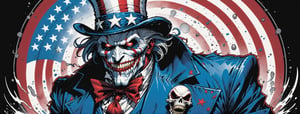 midshot, cel-shading style, centered image, ultra detailed illustration of the comic character ((Spawn Uncle Sam, by Todd McFarlane)), posing, Red white and blue, suit with a skull emblem,  ((Full Body)), (tetradic colors), inkpunk, ink lines, strong outlines, art by MSchiffer, bold traces, unframed, high contrast, cel-shaded, vector, 4k resolution, best quality, (chromatic aberration:1.8)