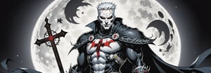 midshot, cel-shading style, centered image, ultra detailed illustration of the comic character ((male Spawn Warrior Catholic priest, by Todd McFarlane)), posing, white  hair,  ((cross around his neck)), charcoal and black white suit with cross emblem, gun belts draped over his shoulders, ((Full Body)), ((perfect hands)), the moon in the background, (tetradic colors), inkpunk, ink lines, strong outlines, art by MSchiffer, bold traces, unframed, high contrast, cel-shaded, vector, 4k resolution, best quality, (chromatic aberration:1.8)