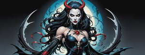 midshot, cel-shading style, centered image, ultra detailed illustration of the comic character ((female Spawn Queen of the Damned by Todd McFarlane)), posing, Black, dress with a skull emblem, ((View from Behind she's looking over her shoulder)), ((Full Body)), ((View from behind)), (tetradic colors), inkpunk, ink lines, strong outlines, art by MSchiffer, bold traces, unframed, high contrast, cel-shaded, vector, 4k resolution, best quality, (chromatic aberration:1.8)