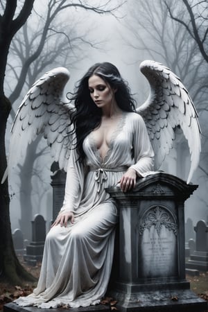 A hauntingly beautiful illustration: A White angel perches atop a weathered gravestone in a desolate cemetery, shrouded in thick fog that morphs into a ghostly aura. Dramatic lighting creates stark catchlights and shadows, highlighting the angel's pale skin, filigree, and Zentangle patterns, rendered in bold strokes against darkness. The angel's closed hands cradle her muscular figure, emphasizing muscular physique ,wearing a long White robe, Her White and black two-tone hair cascades down her back, framing a captivating close-up portrait.