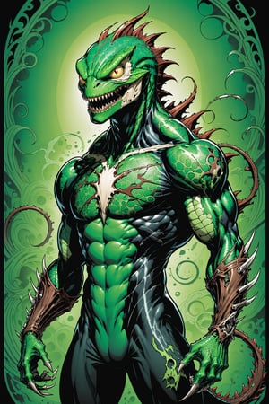 midshot, cel-shading style, centered image, ultra detailed illustration of the comic character ((lizard Spawn by Todd McFarlane)), posing, green, light green, brown, and black body suit with a skull emblem, ((Full Body)) ,ornate background, (tetradic colors), inkpunk, ink lines, strong outlines, art by MSchiffer, bold traces, unframed, high contrast, cel-shaded, vector, 4k resolution, best quality, (chromatic aberration:1.8)