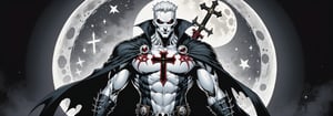 midshot, cel-shading style, centered image, ultra detailed illustration of the comic character ((male Spawn Warrior Catholic priest, by Todd McFarlane)), posing, white  hair,  ((cross around his neck)), charcoal and black white suit with cross emblem, gun belts draped over his shoulders, ((Full Body)), ((perfect hands)), the moon in the background, (tetradic colors), inkpunk, ink lines, strong outlines, art by MSchiffer, bold traces, unframed, high contrast, cel-shaded, vector, 4k resolution, best quality, (chromatic aberration:1.8)