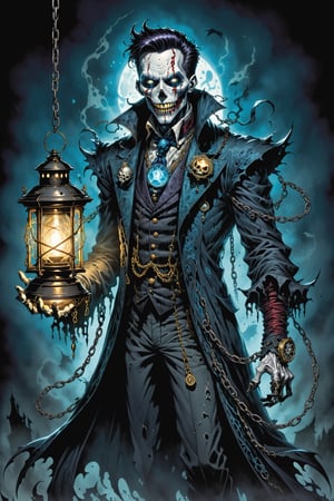 midshot, cel-shading style, centered image, ultra detailed illustration of the comic character (( Spawn Victorian horror theme, a character of a spectral figure known as the "Haunted Harbinger", a ghostly apparition of a long-dead aristocrat, wears a tattered once-opulent suit adorned with decayed medals and frayed lace, translucent skin glows with an ethereal blue light,  eyes are empty sockets that emit a ghostly mist, chains hang from its wrists and ankles dragging along the ground with a haunting clatter, twisted face in eternal agony, carries a spectral lantern that casts an eerie flickering light by, Todd McFarlane)), posing,  he has black  in traditional Indian attire with a skull emblem, ((holding a lantern)),  (((Full Body))), (((perfect hands))),(((realistic hands))),(((accurate hands))), (tetradic colors), inkpunk, ink lines, strong outlines, art by MSchiffer, bold traces, unframed, high contrast, cel-shaded, vector, 4k resolution, best quality, (chromatic aberration:1.8)