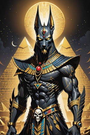 midshot, cel-shading style, centered image, ultra detailed illustration of the comic character ((Spawn     Egyptian Anubis by Todd McFarlane)), posing, gold rust, and black suit with a skull emblem, ((creepy pyramids in the background at night )), ((half Body)), perfect hands, ornate background, perfect hands, (tetradic colors), inkpunk, ink lines, strong outlines, art by MSchiffer, bold traces, unframed, high contrast, cel-shaded, vector, 4k resolution, best quality, (chromatic aberration:1.8)