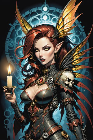 midshot, cel-shading style, centered image, ultra detailed illustration of the comic character ((female Spawn a steampunk faerie, her delicate wings shimmering in the soft glow of candlelight, by Todd McFarlane)), posing, in black and bronze suit with a skull emblem, ((holding a candle in one hand)), ((perfect hands)), ((closed hands)), ((close-up of her face)), (tetradic colors), inkpunk, ink lines, strong outlines, art by MSchiffer, bold traces, unframed, high contrast, cel-shaded, vector, 4k resolution, best quality, (chromatic aberration:1.8)