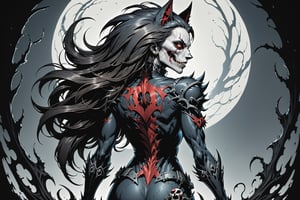 midshot, cel-shading style, centered image, ultra detailed illustration of the comic character ((female Spawn Wolf lady, by Todd McFarlane)), posing, long black long hair, Gray rust, and black suit with a skull emblem, ((view from Behind she’s looking over her shoulder)),  ((she has a wolf snout)), ((Full Body)), ((view from behind)), ((perfect hands)), (tetradic colors), inkpunk, ink lines, strong outlines, art by MSchiffer, bold traces, unframed, high contrast, cel-shaded, vector, 4k resolution, best quality, (chromatic aberration:1.8)