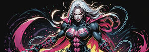 midshot, cel-shading style, centered image, ultra detailed illustration of the comic character ((female Spawn warrior woman, by Todd McFarlane)), posing, extremely muscular overly muscular large breast extremely extremely muscular, black, neon pink, suit with a belt with a skull on it, long White hair in a tall, single ponytail, (((crouching down on the ground action pose))),  ((Full Body)),((holding chains in her hand)), splatters of paint in the background glowing neon, perfect hands, (tetradic colors), inkpunk, ink lines, strong outlines, art by MSchiffer, bold traces, unframed, high contrast, cel-shaded, vector, 4k resolution, best quality, (chromatic aberration:1.8)