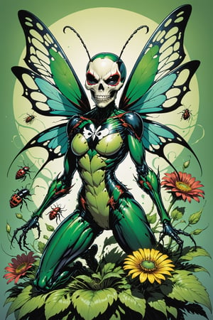 midshot, cel-shading style, centered image, ultra detailed illustration of the comic character ((Female Insect Spawn by Todd McFarlane)), posing, green, light green, brown, and black suit with a skull emblem, ((crouch down on top of a giant flower)), ((Full Body)), ((beetle, wings)),ornate background, (tetradic colors), inkpunk, ink lines, strong outlines, art by MSchiffer, bold traces, unframed, high contrast, cel-shaded, vector, 4k resolution, best quality, (chromatic aberration:1.8)