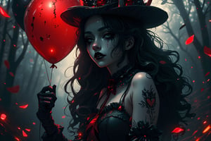 (masterpiece, high quality, 8K resolution). higly stylized and detailed close up anime portrait with mystic and horror embience. A hauntingly beautiful illustration unfolds:  A melancholic gothic clown girl wearing a striped black-and-white outfit, holding red and black balloons. Her long, wavy hair flows beneath a tilted top hat with matching black-and-white stripes. She has pale skin with dark makeup and a stitched smile painted across her face. A heart tattoo decorates her arm, adding a touch of fragile beauty. The background is a hazy, mist-filled forest with soft, glowing bokeh lights, creating an eerie yet enchanting atmosphere. Red petals drift in the air, enhancing the melancholic mood.