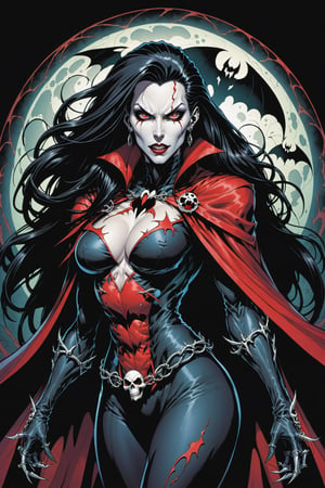 midshot, cel-shading style, centered image, ultra detailed illustration of the comic character ((female Spawn Dracula, by Todd McFarlane)), posing, she has long black hair, black suit with a skull emblem, long flowing cape, ((Half Body)), (tetradic colors), inkpunk, ink lines, strong outlines, art by MSchiffer, bold traces, unframed, high contrast, cel-shaded, vector, 4k resolution, best quality, (chromatic aberration:1.8)