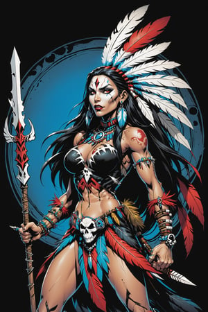 midshot, cel-shading style, centered image, ultra detailed illustration of the comic character ((female Spawn American Indian, by Todd McFarlane)), posing,  he has black  in traditional Indian attire with a skull emblem, ((holding a spear)), Indian TP in the background)),  (((Full Body))), (tetradic colors), inkpunk, ink lines, strong outlines, art by MSchiffer, bold traces, unframed, high contrast, cel-shaded, vector, 4k resolution, best quality, (chromatic aberration:1.8)