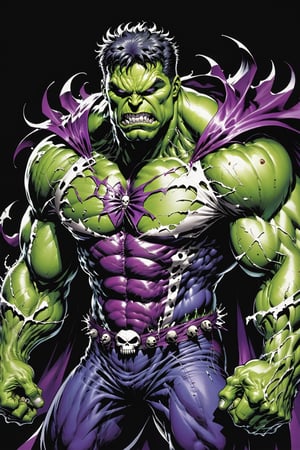 midshot, cel-shading style, centered image, ultra detailed illustration of the comic character ((Spawn Hulk, by Todd McFarlane)),posing, suit with a skull emblem, wearing a purple Cape,  ((Full Body)), (tetradic colors), inkpunk, ink lines, strong outlines, art by MSchiffer, bold traces, unframed, high contrast, cel-shaded, vector, 4k resolution, best quality, (chromatic aberration:1.8)