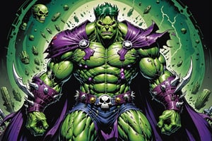 midshot, cel-shading style, centered image, ultra detailed illustration of the comic character ((Spawn Planet Hulk, by Todd McFarlane)),posing, suit with a skull emblem, wearing a purple Cape,  ((Full Body)), (tetradic colors), inkpunk, ink lines, strong outlines, art by MSchiffer, bold traces, unframed, high contrast, cel-shaded, vector, 4k resolution, best quality, (chromatic aberration:1.8)