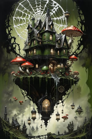 Ultra-wide-angle, photorealistic medieval gothic steam punk shot of an exciting Fusion (((A creepy house, spiderweb and a large mushrooms hanging over the house))) in a new character that embodies elements of both, (((spiderwebs))), silver mechanical gears in the background, people, see. Black and Olive green, light, green and red, ink Flow - 8k Resolution Photorealistic Masterpiece - by Aaron Horkey and Jeremy Mann - Intricately Detailed. fluid gouache painting: by Jean Baptiste Mongue: calligraphy: acrylic: colorful watercolor, cinematic lighting, maximalist photoillustration: by marton bobzert: 8k resolution concept art, intricately detailed realism, complex, elegant, expansive, fantastical and psychedelic, dripping paint , in the chasm of the empire estate, night, the moon, buildings, reflections, wings, and other elements need to stay in frame,(isolate object)