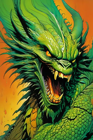 close up of A dragon face,  screaming at the viewer, raging, long hair, the arm and shoulder are covered in a very detailed intricate Green and Orange dragon tattoo that is protruding outfrom the skin, coming alive, its screaming, scratching, similar to dragon tattoo by Boris Vallejo, slowly you see the small dragon tattoo in parts is coming out of the skin and becoming a real version of the tattoo, sticking out, scales, extended claws, spit, spittle, blood drops, 16K, movie still, cinematic, ,omatsuri,DonMn1ghtm4reXL,DonMWr41thXL ,potma style,monster,retropunk style,Starship