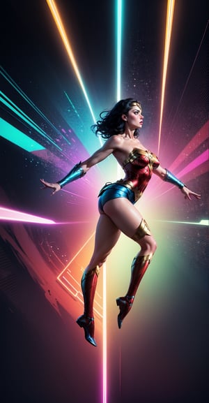 Wonder Woman (big tits),(( side view,)),((full body)),((floating in air)),masterpiece, best quality, ((abstract, psychedelic, neon, background)),(creative:1.3), sy3, SMM, fantasy00d