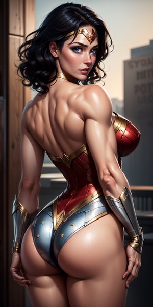 1woman, Wonder Woman, (intricate details, makeup), (delicate and beautiful delicate face, delicate and beautiful delicate eyes, perfectly proportioned face), delicate skin, strong and realistic blue eyes, realistic black hair, lips, makeup, natural skin texture, tiara, jewelry, (star), \(symbol\),(((leotard))), (((wonder woman uniform))), gauntlet, red boots, golden girdle, (public clothing: 1.5), bare shoulders, slightly sunburned complexion, mature, sexy, toned muscles, (muscles:1.2), ((view from behind)),((strong and healthy body)), ((((more) muscles))), long legs, curves, (big breasts: 1.3), thin waist, soft waist, (delicate skin), (beautiful and sexy woman), (swollen lips: 0.9), very delicate muscles, standing,(realistic: 1.5), photorealistic, octane rendering, hyperrealistic, tight modeling, (photorealistic face: 1.2), thick eyelashes, long eyelashes, (curly dark hair: 1.1), best quality, half smile, (looking at the viewer), sharp focus, (4k), (masterpiece), (best quality), fantasy, extremely detailed, intricate, hyper detailed, (perfect face), illustration, soft lighting,(specular lighting:1.4), blue eyes, absurdly photorealistic, ultra high resolution, intricate, hyperdetailed, (skindentation), female, detailed body, (detailed face: 1.1), (outlined iris), (hydrocolor lenses), (perfect eyes), 4k, gorgeous, (masterpiece: 1.2), (best quality:1.2),