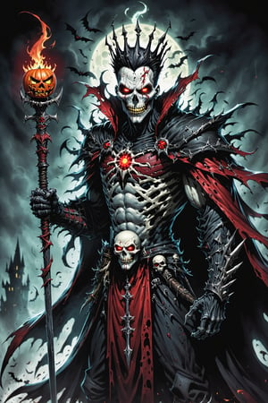 midshot, cel-shading style, centered image, ultra detailed illustration of the comic character (( Spawn   Halloween-style fantasy world image featuring a terrifying undead king with a skull face and glowing red eyes. Envision the king adorned in torn black and red dark clothes, wielding a deadly, sinister spiky weapon. Specify a dark fantasy-style atmosphere with chilling details, capturing the sinister essence of this undead monarch. Request a visually striking composition that blends the elements of horror and fantasy, creating a haunting masterpiece perfect for the Halloween theme by, Todd McFarlane)), posing,  he has black  in traditional Indian attire with a skull emblem, ((holding a A spear)),  (((Full Body))), (((perfect hands))),(((realistic hands))),(((accurate hands))), (tetradic colors), inkpunk, ink lines, strong outlines, art by MSchiffer, bold traces, unframed, high contrast, cel-shaded, vector, 4k resolution, best quality, (chromatic aberration:1.8)