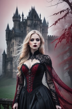 A hauntingly beautiful woman vampire standing in front of a weathered gothic Castle, shrouded in thick red -hued fog that morphs into an eerie aura. Her pale skin and blonde very, very long hair contrast against the dark Black lacie gothic dress,  with filigree and Zentangle patterns, punctuated by dripping oil textures. Her closed hands cradle her curvy figure, emphasizing her  muscular physique, The dramatic lighting creates stark catchlights and shadows, highlighting her haunting beauty amidst a desolate gothic Castle backdrop bathed in red hues.