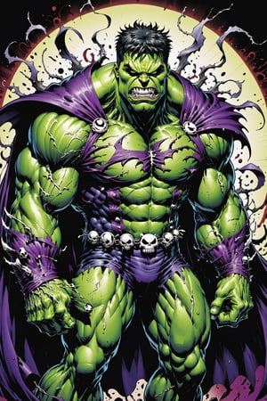 midshot, cel-shading style, centered image, ultra detailed illustration of the comic character ((Spawn Hulk, by Todd McFarlane)),posing, suit with a skull emblem, wearing a purple Cape,  ((Full Body)), (tetradic colors), inkpunk, ink lines, strong outlines, art by MSchiffer, bold traces, unframed, high contrast, cel-shaded, vector, 4k resolution, best quality, (chromatic aberration:1.8)