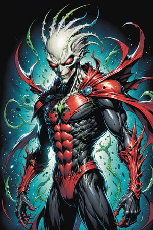 midshot, cel-shading style, centered image, ultra detailed illustration of the comic character ((male Spawn Space Alien, by Todd McFarlane)), posing, ((Half Body)), (tetradic colors), inkpunk, ink lines, strong outlines, art by MSchiffer, bold traces, unframed, high contrast, cel-shaded, vector, 4k resolution, best quality, (chromatic aberration:1.8)
